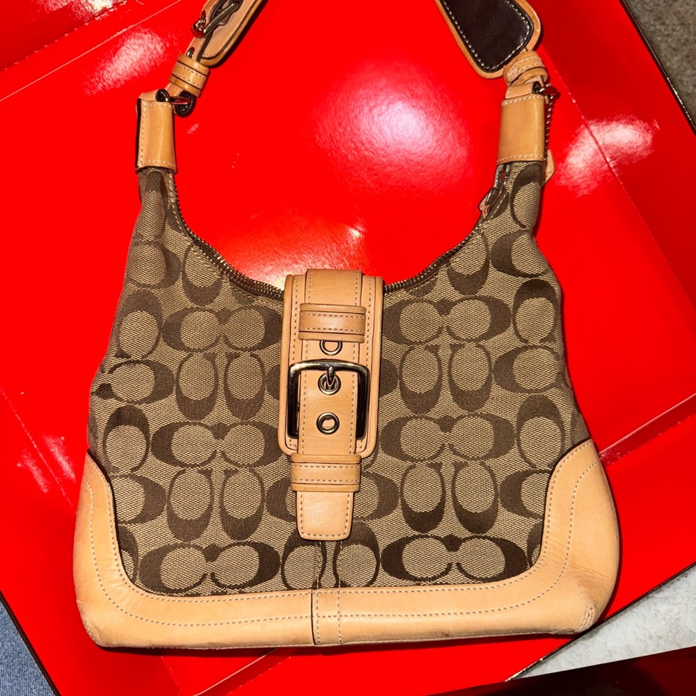 Vintage Coach Tan and Brown Hobo Bag with Signature Monogram